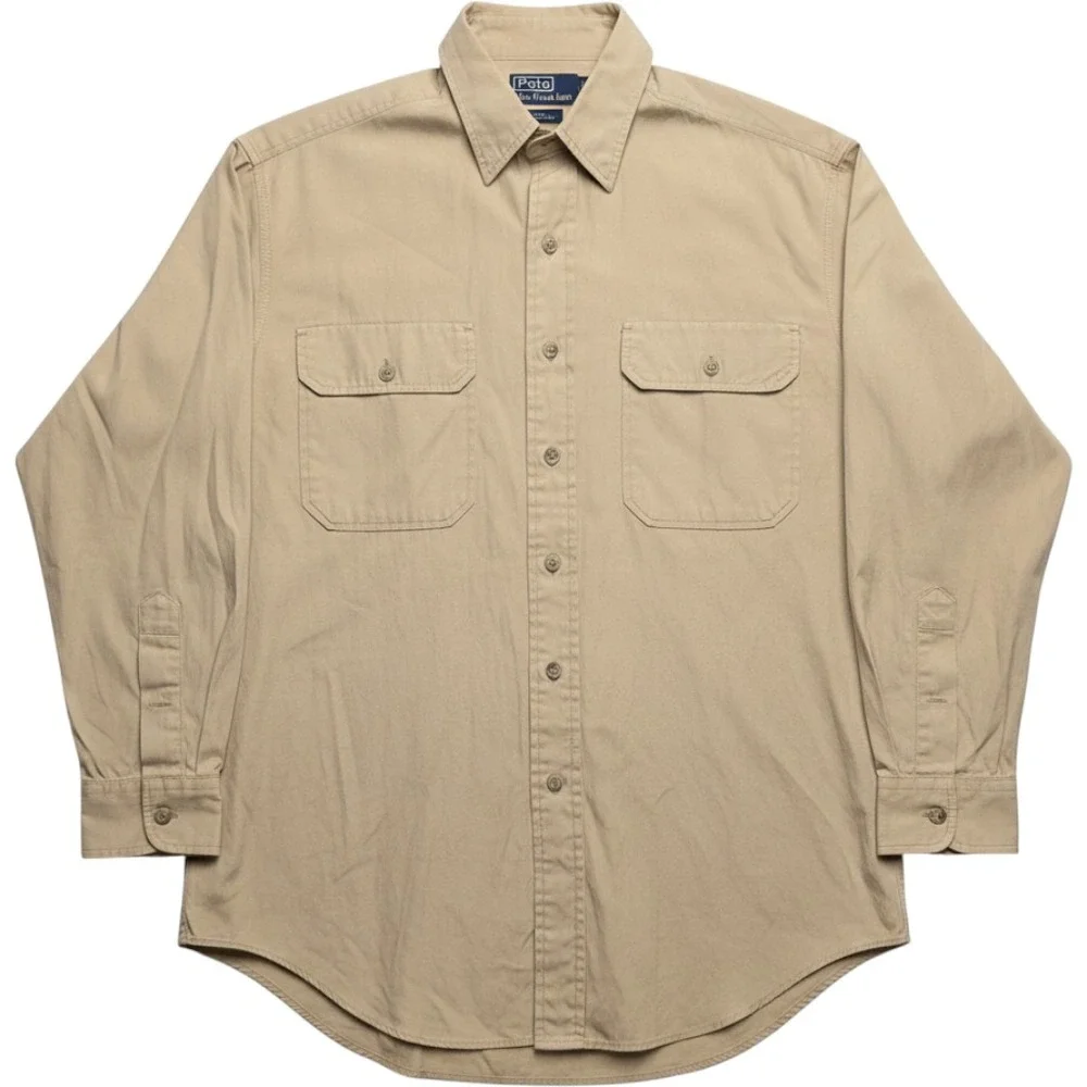 Polo Ralph Lauren Mens Tan Khaki Cotton Utility Work Shirt Button Down Size 90